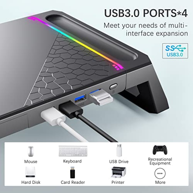 USB 3.0 허브 4개가 포함된 책상 RGB 게임 조명용 MOOJAY 모니터 스탠드, 수납 서랍과 휴대폰 홀더가 포함된 접이식 컴퓨터 화면 라이저, PC/노트북/iMac용 펜 트레이가 포함된 책상 정리함 - 블랙