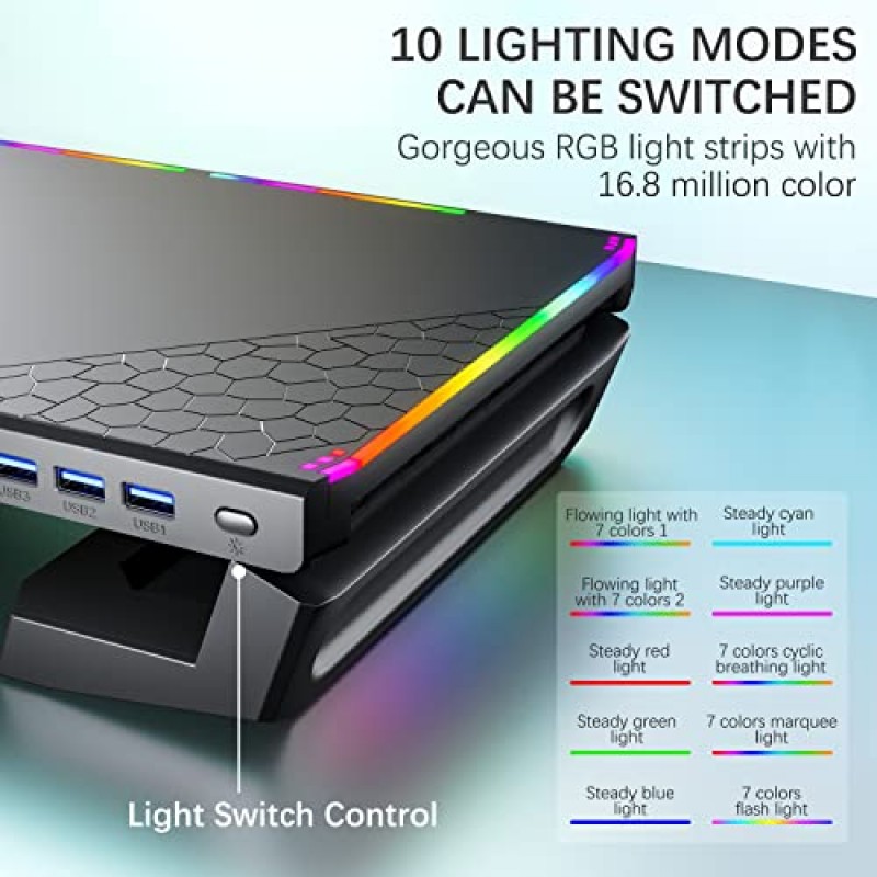 USB 3.0 허브 4개가 포함된 책상 RGB 게임 조명용 MOOJAY 모니터 스탠드, 수납 서랍과 휴대폰 홀더가 포함된 접이식 컴퓨터 화면 라이저, PC/노트북/iMac용 펜 트레이가 포함된 책상 정리함 - 블랙