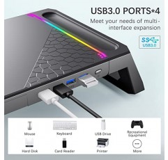 USB 3.0 허브 4개가 포함된 책상 RGB 게임 조명용 MOOJAY 모니터 스탠드, 수납 서랍과 휴대폰 홀더가 포함된 접이식 컴퓨터 화면 라이저, PC/노트북/iMac용 펜 트레이가 포함된 책상 정리함 - 블랙