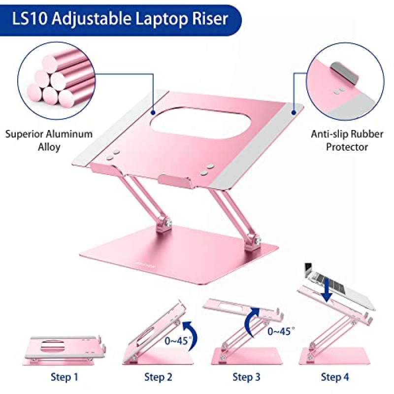 BESIGN LS10 알루미늄 노트북 스탠드, 인체공학적으로 조절 가능한 노트북 스탠드, Air, Pro, Dell, HP, Lenovo와 호환되는 라이저 홀더 컴퓨터 스탠드 10-14인치 노트북, 핑크