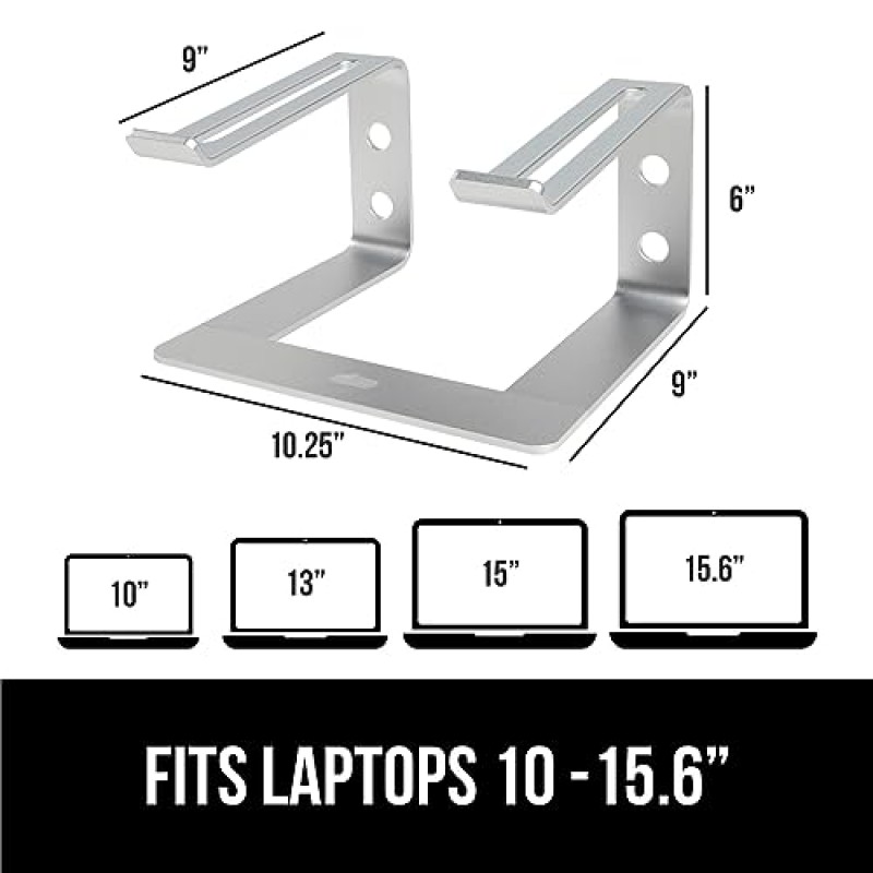 책상용 Gorilla 그립 노트북 스탠드, 미끄럼 방지 지원 컴퓨터 라이저, 책상용 견고한 알루미늄 금속 스탠드, 10~15.6인치 노트북 거치대를 수용하는 마운트 리프터, 사무용 액세서리 및 정리함, 실버