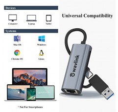 WAVLINK USB - 2.5G 이더넷 어댑터, Thunderbolt 3/4와 호환되는 노트북용 2-in-1 USB C/USB 3.0 이더넷 어댑터, MacBook Pro/Air, iPad Pro, Dell XPS, Surface Lapt용 이더넷-USB 어댑터
