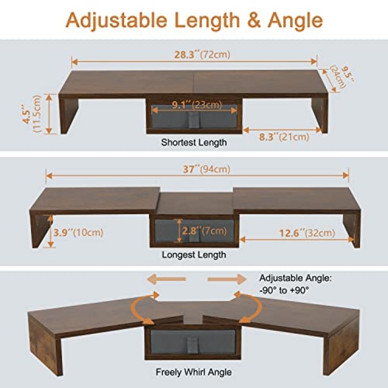 TEAMIX 3 선반 모니터 스탠드 라이저(서랍 길이 및 각도 조절 가능) 듀얼 모니터 라이저(수납 코너 포함) 데스크 선반 정리함 모니터 2대/노트북용 대형 컴퓨터 스탠드(브라운, 서랍 1개)