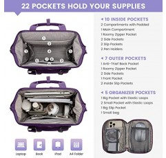 LOVEVOOK 여성용 15.6 인치 노트북 배낭, 교사 간호사 작업 여행 배낭 지갑, USB 충전 포트가있는 컴퓨터 가방, 보라색