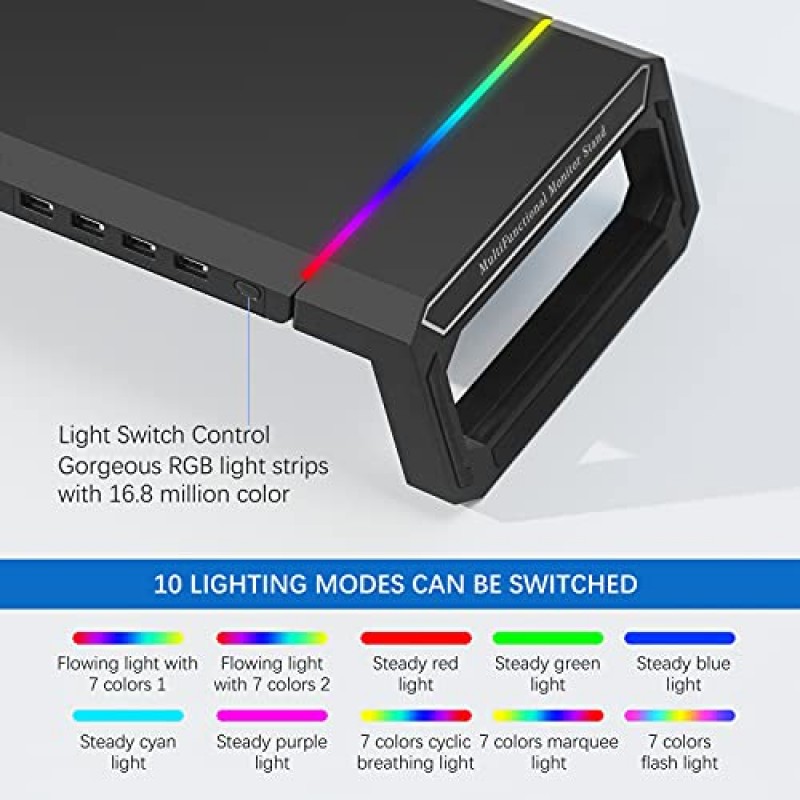 MOOJAY 모니터 스탠드 RGB 게이밍 조명(USB 2.0 4개 포함), 접이식 컴퓨터 화면 라이저(수납 서랍 및 휴대폰 홀더 포함), 데스크 정리 선반, PC/노트북/iMac용 - 블랙