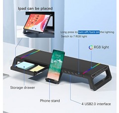 MOOJAY 모니터 스탠드 RGB 게이밍 조명(USB 2.0 4개 포함), 접이식 컴퓨터 화면 라이저(수납 서랍 및 휴대폰 홀더 포함), 데스크 정리 선반, PC/노트북/iMac용 - 블랙