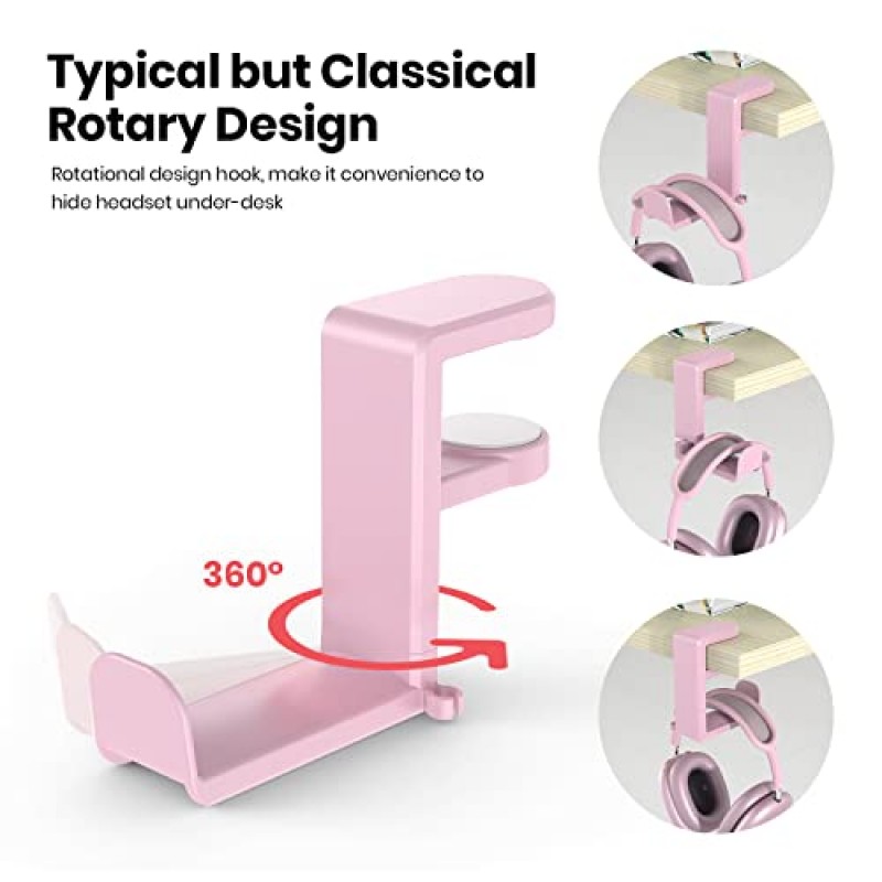 PC 게임용 헤드셋 헤드폰 후크 홀더 행거 마운트, 조절 가능 및 회전식 암 클램프가 있는 헤드폰 스탠드, 책상 디자인 아래, 범용 핏, 케이블 클립 주최자 내장 EURPMASK 핑크