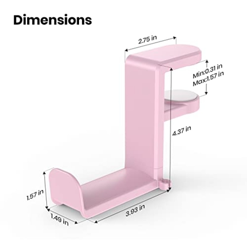 PC 게임용 헤드셋 헤드폰 후크 홀더 행거 마운트, 조절 가능 및 회전식 암 클램프가 있는 헤드폰 스탠드, 책상 디자인 아래, 범용 핏, 케이블 클립 주최자 내장 EURPMASK 핑크