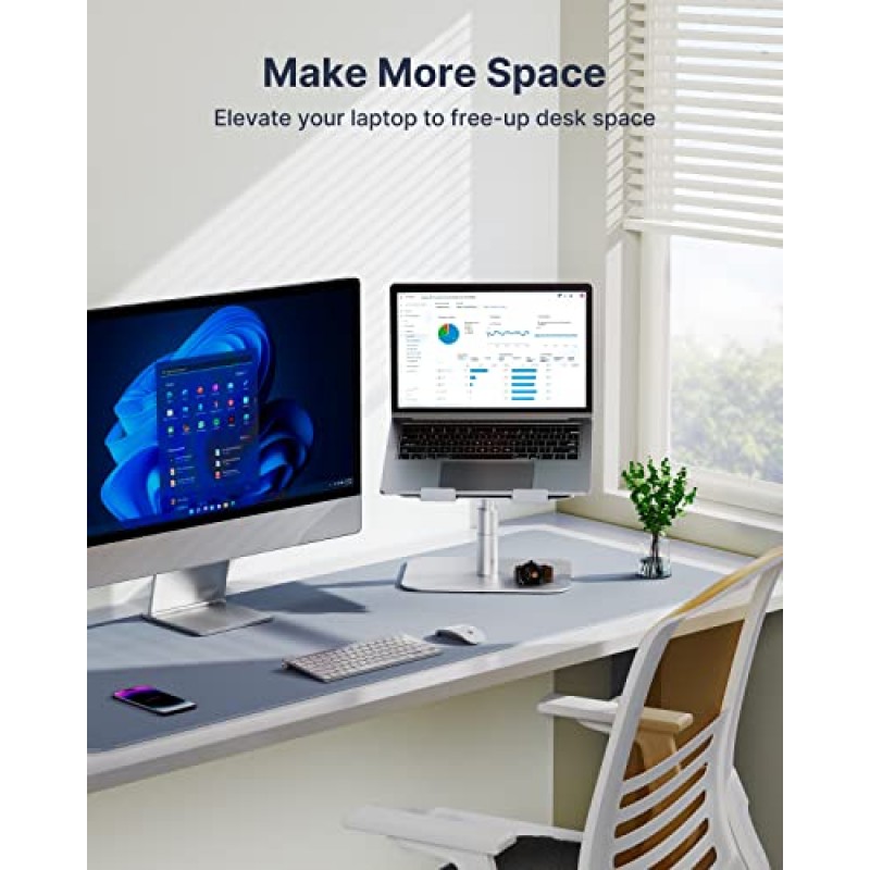 360° 회전이 가능한 HUANUO 조정 가능한 노트북 스탠드, 알루미늄 노트북 라이저, 책상용 인체공학적 노트북 스탠드, 10-17인치 노트북과 호환되는 노트북 컴퓨터 스탠드 홀더, 실버, HNLS05S