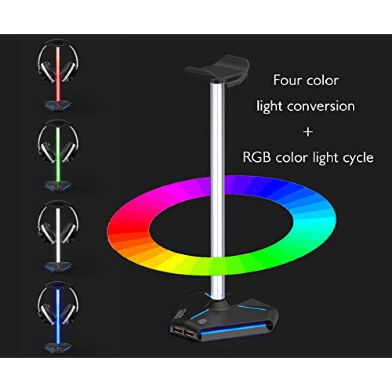 Cozoo RGB 헤드폰 스탠드 2개의 USB2.0 확장 충전 포트 연장 코드, 게이머 데스크탑 테이블 게임 이어폰 액세서리용 헤드셋 스탠드 홀더