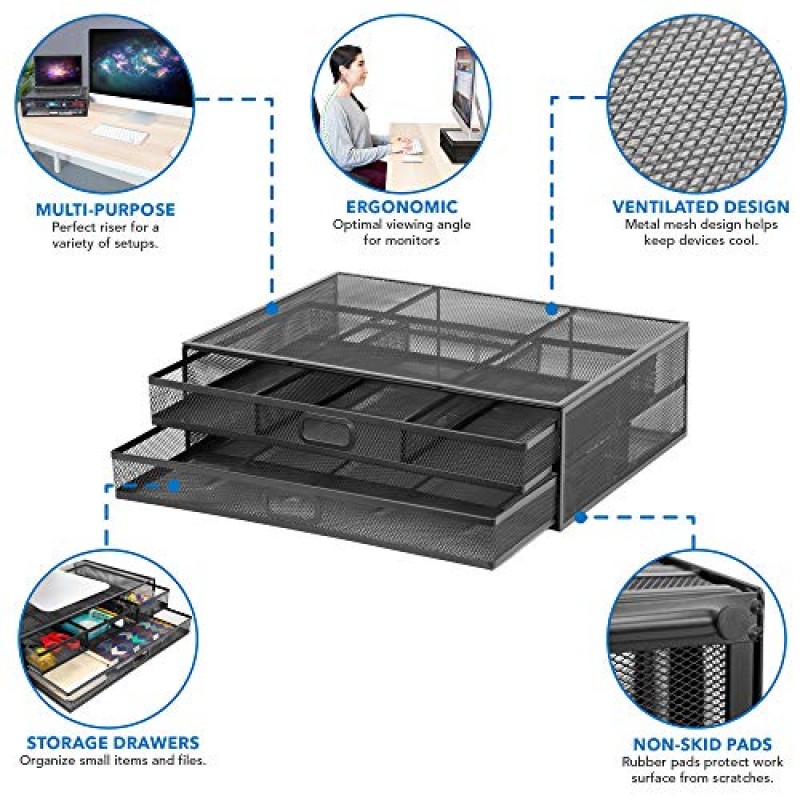 마운트해 보세요! 서랍이 있는 컴퓨터 모니터 스탠드, 노트북 및 컴퓨터 화면용 금속 메쉬 라이저 및 정리함, 2개의 풀아웃 보관 서랍이 있는 책상 정리함, 데스크탑, 노트북, 프린터 액세서리 및 사무용품에 적합(검은색)