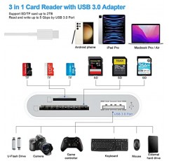 SD 카드 리더기 USB 3.0 포트가 있는 USB C, 3 in 1 SD 카드 리더기 USB C Thunderbolt - MicroSD TF 카드 어댑터 iPhone 15 Mac용 USB-C 메모리 카드 리더기 Mac MacBook Pro/Air iPad Pro M2 Samsung S21 S22(흰색)