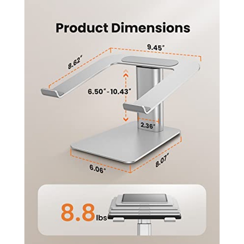 ErGear 책상용 조절식 노트북 스탠드, 10.43인치 높이 조절 기능이 있는 인체공학적 컴퓨터 스탠드, 10~15.6인치 노트북 PC 컴퓨터와 호환되는 노트북 라이저 홀더, 알루미늄 실버