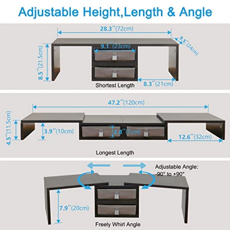 TEAMIX 듀얼 모니터 스탠드 라이저(서랍 2개 포함) - 길이 및 각도 조절 가능 3 선반 모니터 라이저(수납 데스크 정리함 포함) 모니터 2대/노트북/PC, 목재 스크린/TV 스탠드용 대형 컴퓨터 모니터 스탠드