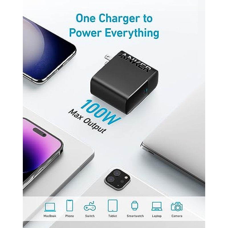 Mac Book Pro 충전기, 100W USB C 충전기, MacBook Pro, MacBook Air, Samsung Galaxy, iPad Pro 및 모든 USB C 장치용 Anker 소형 접이식 고속 충전기, 5피트 USB C-USB C 케이블 포함