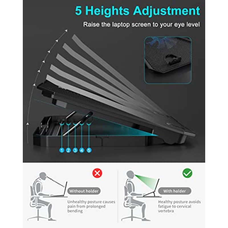 KeiBn 노트북 냉각 패드, 게임용 노트북 쿨러 10~15.6인치 노트북용 팬 2개, 높이 스탠드 5개, USB 포트 2개(S039)