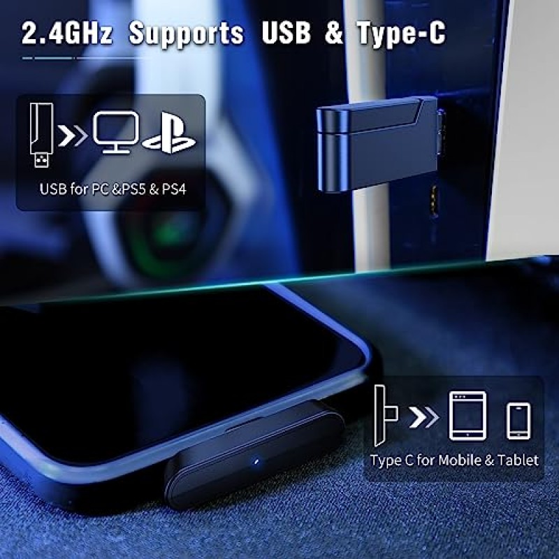 PC, PS5, PS4-2.4GHz USB 및 Type-C용 Ozeino 무선 게임용 헤드셋 플립 마이크가 포함된 매우 안정적이고 지연 시간이 짧은 게임용 헤드폰, 스위치, 노트북, 모바일, Mac용 30시간 배터리 게이머 헤드셋