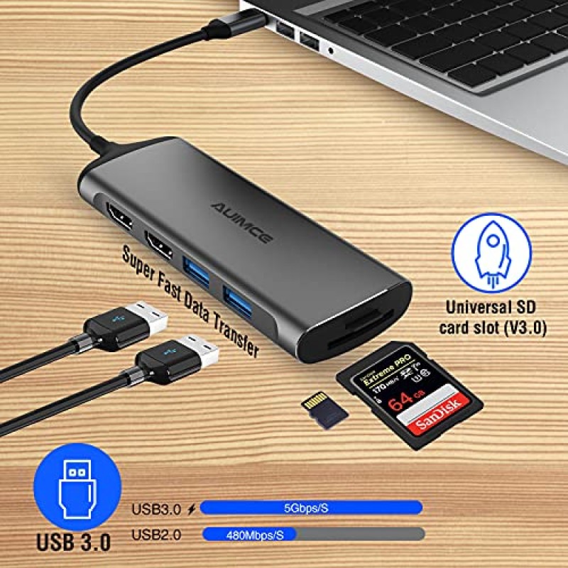 듀얼 HDMI 노트북 도킹 스테이션 듀얼 모니터, MacBook Pro Air, Windows Type C 노트북용 범용 USB C 도크 트리플 디스플레이 어댑터