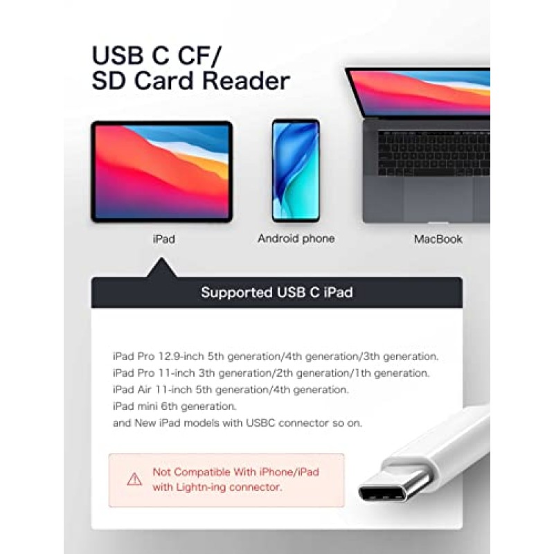 iPad/Mac/MacBook용 USB C SD 카드 리더기, ChiaoPio USB C - SD CF, Type C SD 카드 어댑터는 iPad Pro/Air/Mini Mac iMac MacBook Pro/Air 노트북용 컴팩트 플래시/CF/SD/MicroSD를 지원합니다.