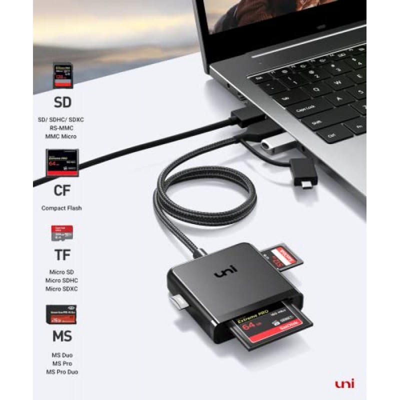 SD 카드 리더기, 유니 메모리 카드 리더기 4 in 1 USB C USB 3.0 듀얼 커넥터 어댑터 동시에 SD MS CF TF 카드 읽기 Micro SD/Micro SDXC/SDHC/MMC/MS Pro Duo 등 지원