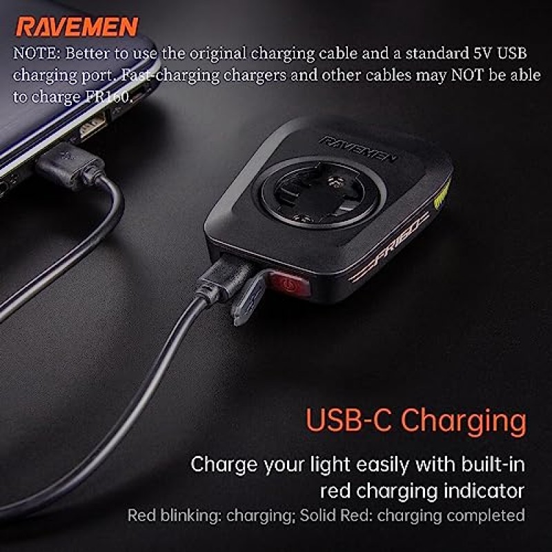 RAVEMEN FR160 Garmin 사이클링 GPS 컴퓨터와 호환 가능, 측면 가시성이 있는 IPX6 방수 자전거 전방 보조 라이트 경고 플래시 라이트 가시성을 위한 6가지 조명 모드(특허 보호)