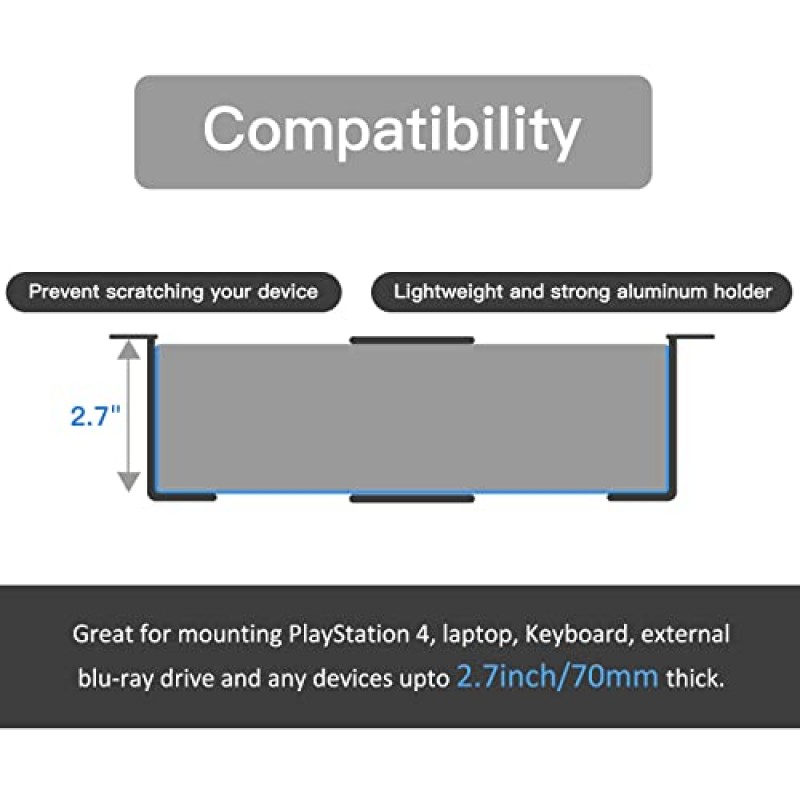 책상 밑 노트북 마운트, 최대 2.7인치 높이의 장치와 호환되는 책상 밑 선반 브래킷, 노트북, MacBook, 키보드, 모뎀, 플레이스테이션 4 등을 위한 알루미늄 책상 밑 노트북 홀더 스탠드 트레이