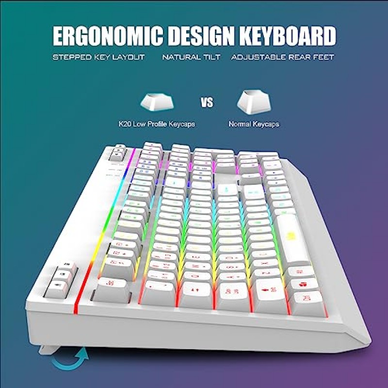 RedThunder K20 무선 키보드 및 마우스 콤보, 멀티미디어 키가 포함된 풀 사이즈 안티 고스팅 키보드 + 7D 4800DPI 광학 마우스, PC 노트북 Mac Xbox용 충전식 RGB 게임/사무실 세트(흰색)