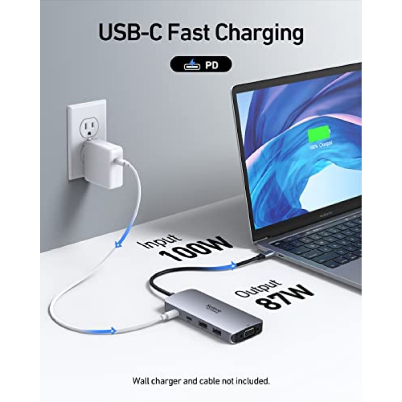 USB C 도킹 스테이션 듀얼 HDMI 모니터 어댑터, 듀얼 HDMI, 디스플레이 포트, VGA, 100W PD 충전 기능이 있는 USB C 허브 3 모니터 어댑터, Dell XPS, HP, Lenovo 등을 위한 2USB A 2.0, USB C 2.0 포트 어댑터