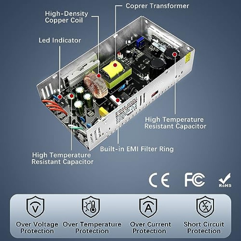 115V AC ~ 12V DC 변환기, 12V 50A 600W DC 전원 공급 장치 스위치, LED 스트립, LCD 모니터, CCTV, 3D 프린터, 컴퓨터 프로젝트, 라디오 및 자동차 스테레오용 조정 가능한 스위치 변압기