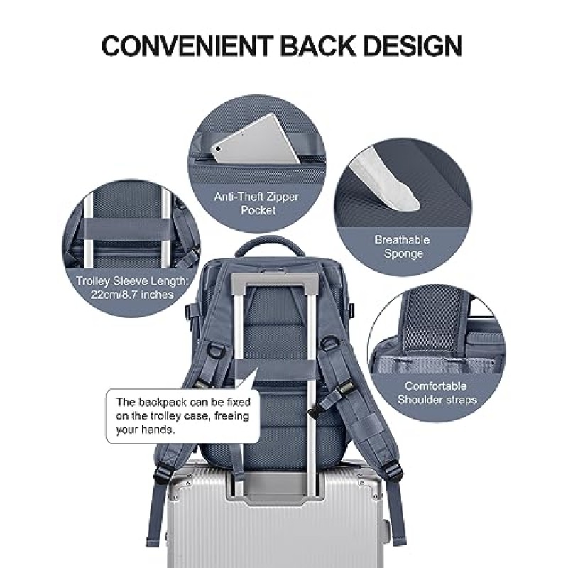 VECAVE 여성용 대형 여행용 백팩, 항공사 승인 기내 반입 백팩 비행 승인, 방수 15.6인치 노트북 백팩(신발 칸막이 포함) 캐주얼 데이팩 백팩, 블루