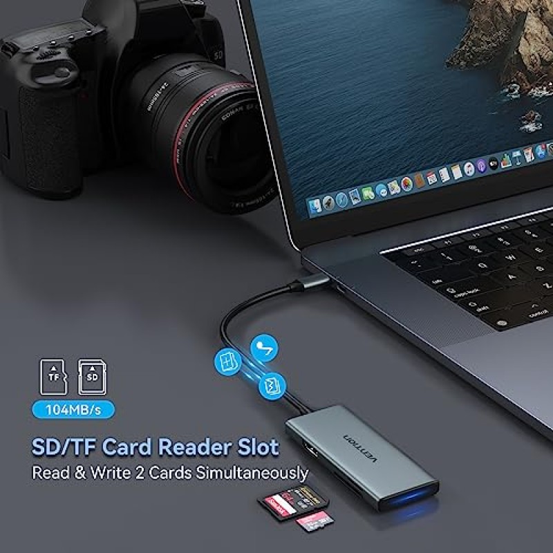 MacBook용 USB C 허브, VENTION USB Type C 허브 멀티포트 어댑터 6 in 1, 4K HDMI USB 3.0 데이터 전송 SD/TF 카드 리더기, MacBook Pro/Air, iPad Pro/Air와 호환되는 USB C 동글