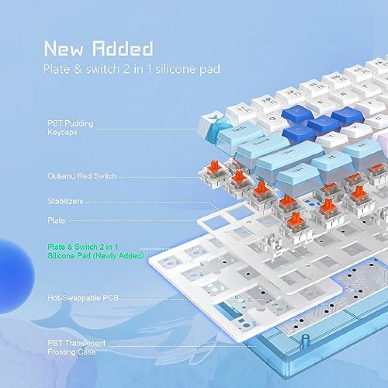 Womier WK61 60% 키보드, 핫스왑 가능 키보드 푸딩 키캡 포함 초소형 RGB 게이밍 기계식 키보드, 선형 빨간색 스위치, Pro 드라이버/소프트웨어 지원 - Glacier Blue