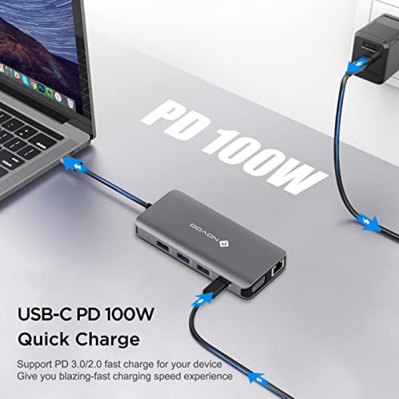 USB C 도킹 스테이션 듀얼 HDMI 어댑터, 11 in 1 멀티 디스플레이 도킹 스테이션 듀얼 모니터, HDMI 2개, VGA, 100W PD, USB 4개, USB C 허브 멀티포트 동글 MacBook/Dell/HP/Lenovo 노트북과 호환 가능