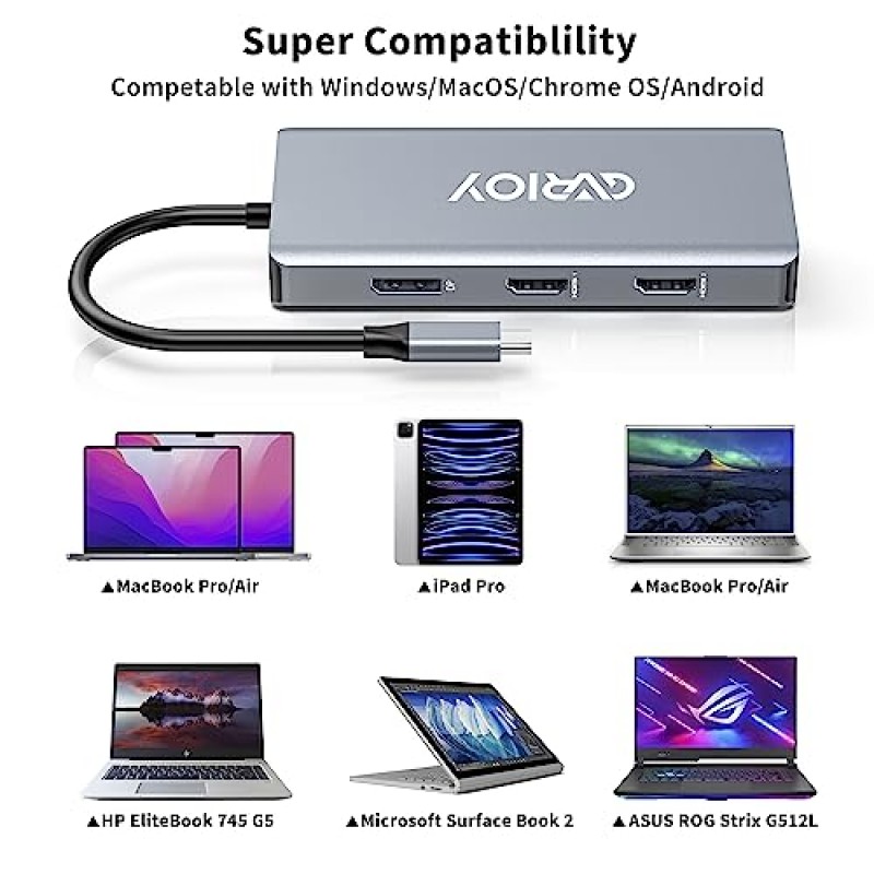 USB C - 듀얼 HDMI 어댑터, 멀티 디스플레이 도킹 스테이션 듀얼 모니터, HDMI 2개, 디스플레이포트, 100W PD, USB 포트 3개, USB C 허브 멀티포트 동글 MacBook/Dell/HP/Lenovo 노트북과 호환 가능