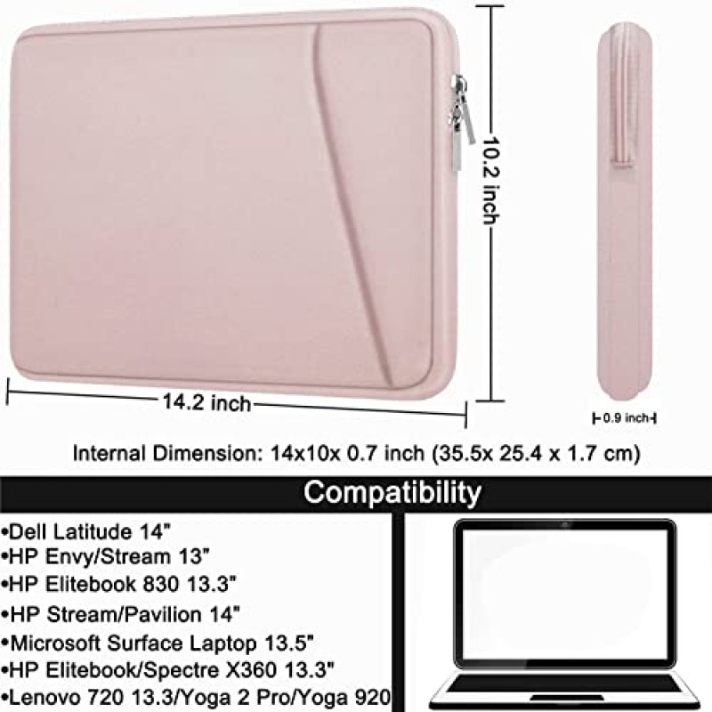 노트북 케이스 14인치, 내구성이 뛰어난 휴대용 슬리브 백 충격 방지 보호 케이스 커버, 핸드백 서류 가방 노트북 가방 14인치 MacBook Air/Pro와 호환 가능 HP Asus Lenovo 노트북 컴퓨터, 핑크