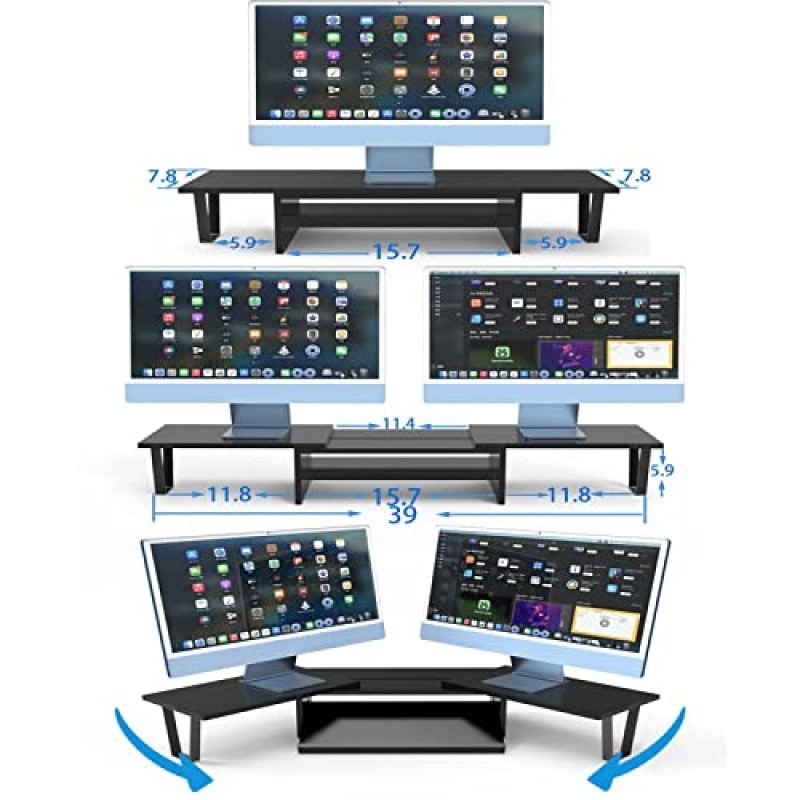 길이와 각도 조절이 가능한 WEGASTU 대형 듀얼 모니터 라이저-2 선반 모니터 스탠드, 다용도 보관 스탠드 액세서리 금속 지지대, 탈착식 보관 서랍, PC, 컴퓨터, 노트북, TV, 프린터용 사무실 데스크탑 정리 스크린 스탠드(다크 블랙))