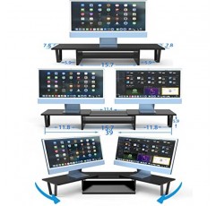 길이와 각도 조절이 가능한 WEGASTU 대형 듀얼 모니터 라이저-2 선반 모니터 스탠드, 다용도 보관 스탠드 액세서리 금속 지지대, 탈착식 보관 서랍, PC, 컴퓨터, 노트북, TV, 프린터용 사무실 데스크탑 정리 스크린 스탠드(다크 블랙))