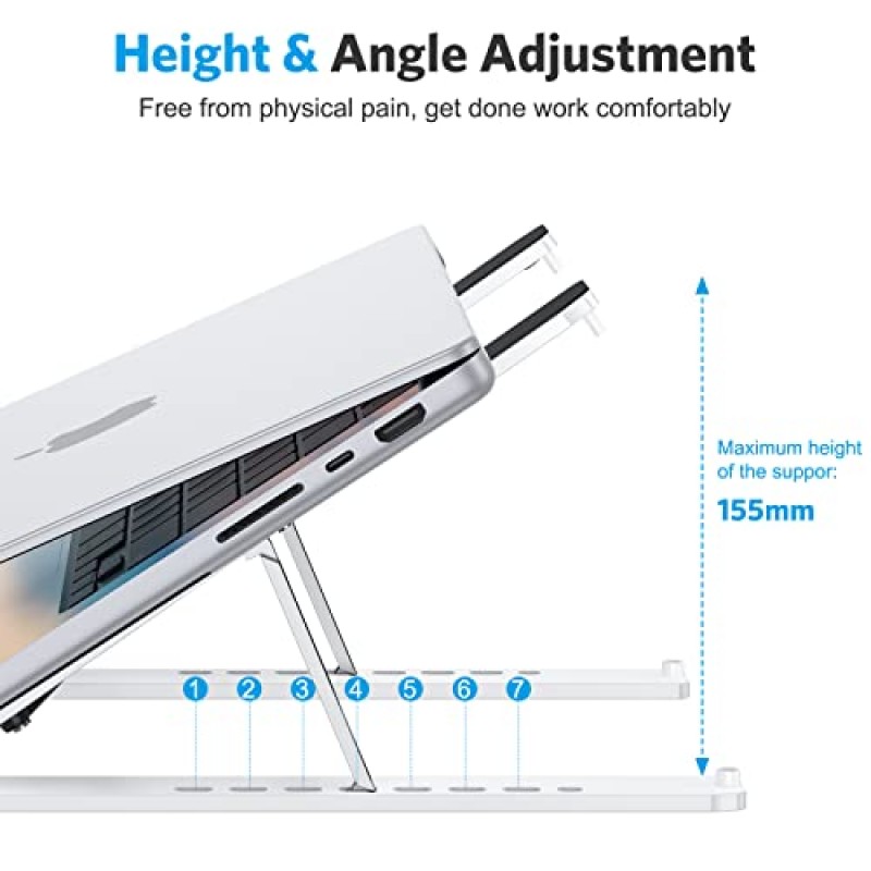OMOTON 노트북 스탠드, 책상용 노트북 스탠드 인체공학적 7단계 각도 조절 가능 컴퓨터 스탠드, 모든 노트북 및 iPad와 호환되는 휴대용 ABS 노트북 라이저 홀더(10-15.6