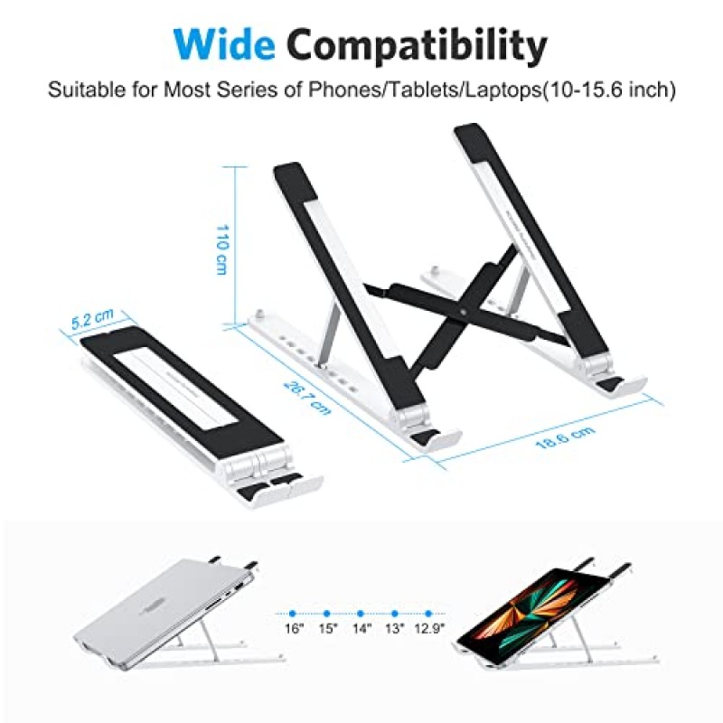 OMOTON 노트북 스탠드, 책상용 노트북 스탠드 인체공학적 7단계 각도 조절 가능 컴퓨터 스탠드, 모든 노트북 및 iPad와 호환되는 휴대용 ABS 노트북 라이저 홀더(10-15.6