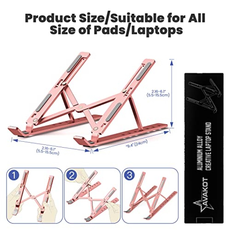 책상용 avakot 노트북 스탠드 조절 가능 | 컴퓨터 휴대용 7 각도 미끄럼 방지 노트북 라이저 | MacBook, iPad, 노트북 9-15.6인치와 호환되는 인체공학적 접이식 알루미늄 노트북 홀더 | 분홍색