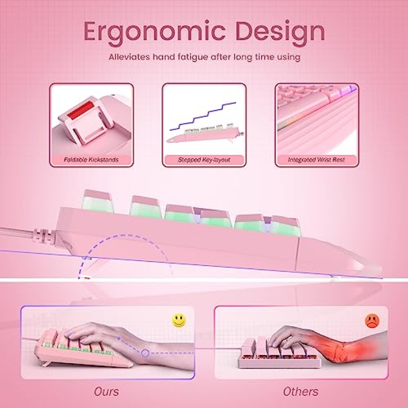 yesbeaut 핑크 게이밍 키보드 - 무지개 LED 백라이트 - 속삭임 무음 104키 - PBT 키캡 - 손목 받침대 - 멀티미디어 키 - PC Mac Xbox Office용 고스팅 방지, 방수 USB 유선 크림 키보드