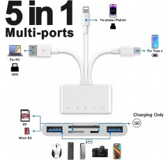 [Apple MFi 인증] iPhone/iPad/PC/Android/카메라/USB C 및 A 장치용 5-in-1 iPhone 메모리 카드 리더기, USB OTG 어댑터 및 SD/TF 카드 카메라 뷰어, SD/마이크로 SD/SDHC/ 지원 SDXC/MMC 플러그 앤 플레이