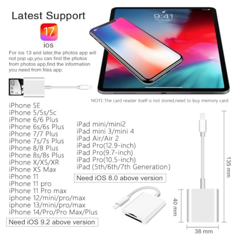 iPhone iPad 카메라용 SD 카드 리더, 듀얼 카드 슬롯 메모리 카드 리더는 SD 및 TF 카드 트레일 카메라 뷰어를 지원합니다. Sd 카드 어댑터 휴대용 마이크로 SD 카드 리더 애플리케이션이 필요하지 않습니다. 플러그 앤 플레이