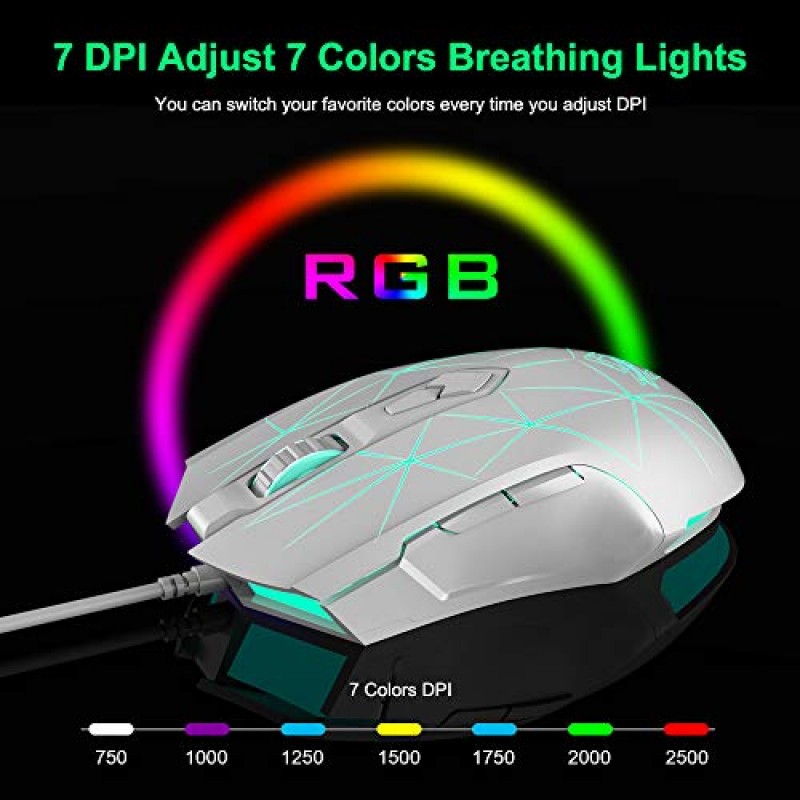 FELICON RGB 경량 게이밍 마우스, 프로그래밍 가능한 7개 버튼, 인체공학적 LED 백라이트 USB 게이머 마우스 컴퓨터 노트북 PC, Windows용 Mac OS Linux(스타 화이트)