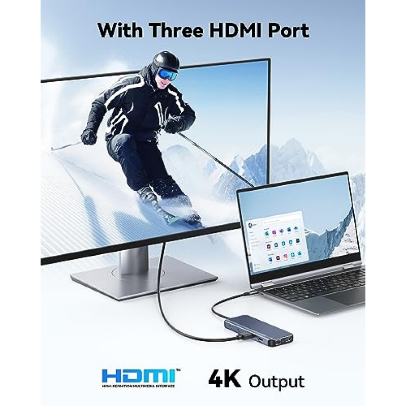 USB C 도킹 스테이션 3 HDMI, 도킹 스테이션 3 모니터, 12 in 1 도킹 스테이션 듀얼 모니터, 노트북 도킹 스테이션 트리플 HDMI(10Gbps USB A/C 3.1,USB 2.0,100W PD, 이더넷, 오디오 및 마이크, SD 및 TF 슬롯 포함)