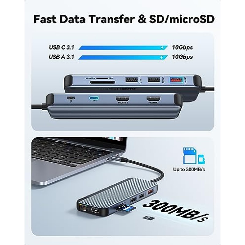 USB C 도킹 스테이션 3 HDMI, 도킹 스테이션 3 모니터, 12 in 1 도킹 스테이션 듀얼 모니터, 노트북 도킹 스테이션 트리플 HDMI(10Gbps USB A/C 3.1,USB 2.0,100W PD, 이더넷, 오디오 및 마이크, SD 및 TF 슬롯 포함)