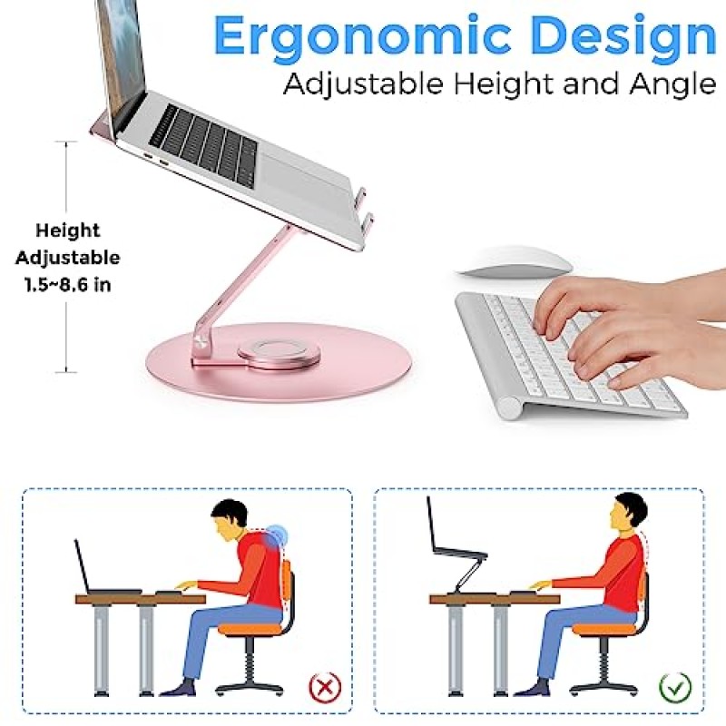 책상용 회전식 노트북 스탠드, 높이 조절이 가능한 360도 회전 베이스가 있는 알루미늄 컴퓨터 스탠드, 접이식 인체공학적 라이저, MacBook과 호환되는 휴대용 노트북 홀더, 모든 노트북 10-17', 핑크