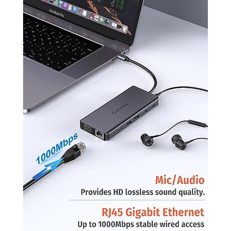 USB C 노트북 도킹 스테이션, 13 in 1 USB C 허브 멀티포트 어댑터 동글, 4K HDMI, VGA, 100W PD 충전, 이더넷, SD/TF/MS, 2*USB 3.0&USB 2.0, 1*USB C, 오디오, MacBook용 슈트 /델 등