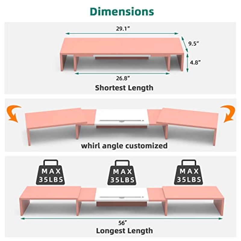 YAOHUOO 트리플 모니터 스탠드, 3개 모니터용 56인치 대형 컴퓨터 모니터 스탠드, 3개 모니터/노트북/프린터/TV, 흰색 및 분홍색용 조절 가능한 길이 각도 선반