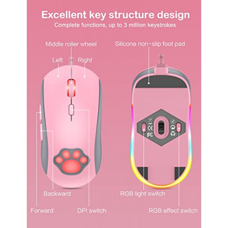 PHNIXGAM Cat Paw RGB 게임용 마우스, 최대 7200까지 조정 가능한 DPI 6개, RGB 조명, Windows/Vista/Linux(핑크)용 프로그래밍 가능 버튼 6개로 연결된 저소음 광학 컴퓨터 마우스 USB